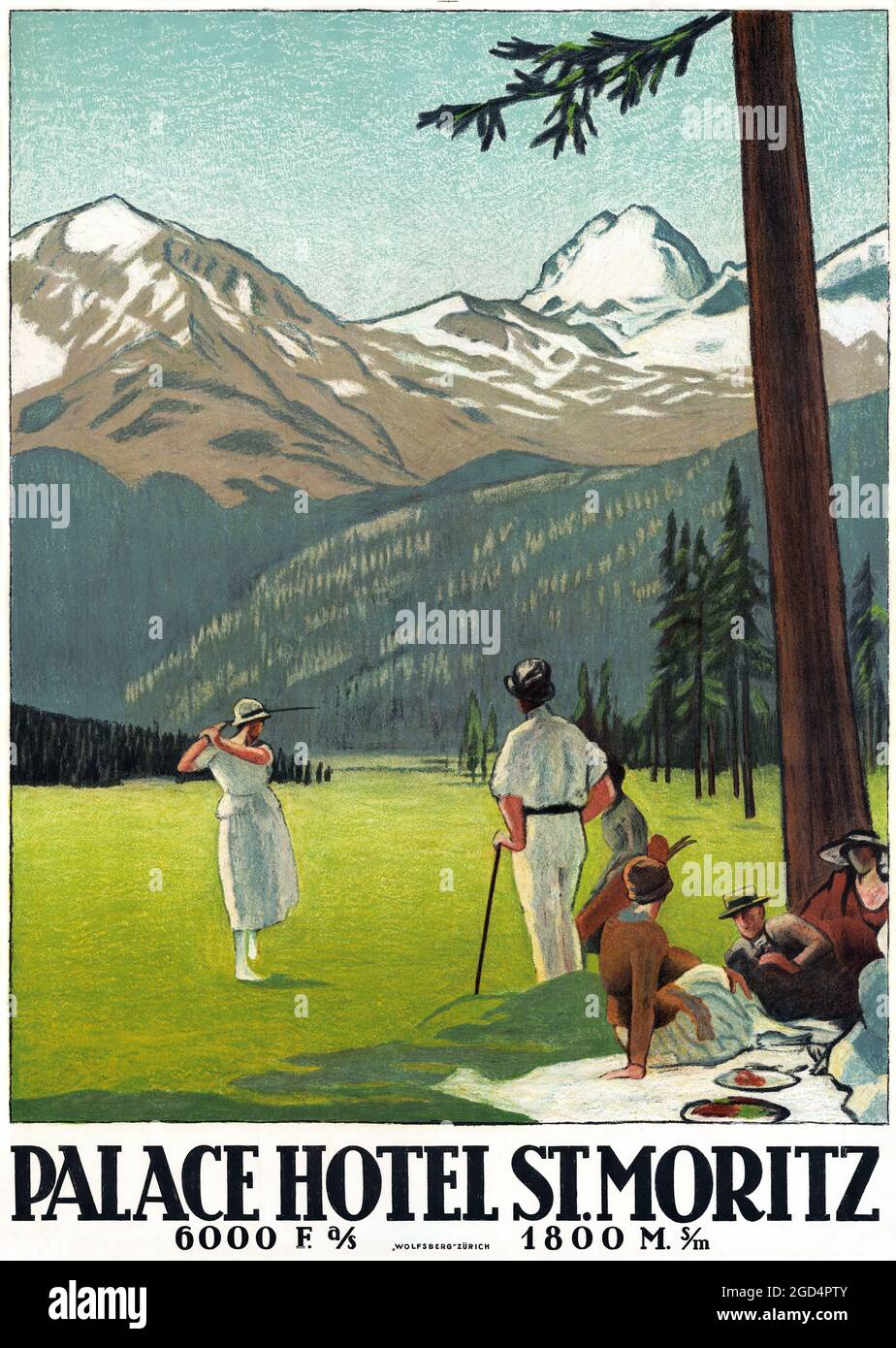 Palace Hotel St. Moritz by Emil Cardinaux (1877-1936). Restored vintage poster published in 1921 in Switzerland. Stock Photo