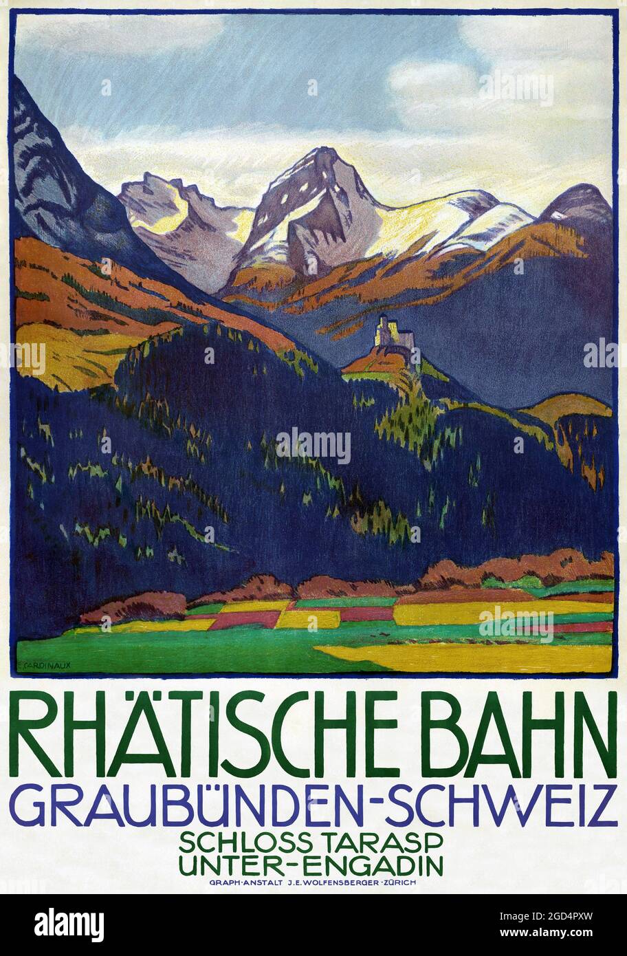 Rhätische Bahn. Graubünden, Schweiz by Emil Cardinaux (1877-1936). Restored vintage poster published in 1913 in Switzerland. Stock Photo