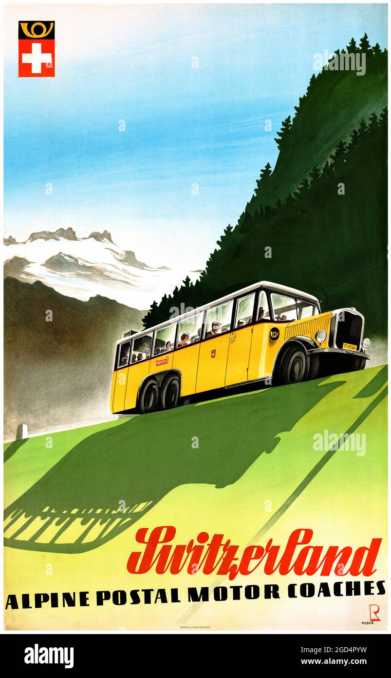 Switzerland Alpine Postal Motor Coaches by Bernhard Reber (1910-1992). Restored vintage poster published in 1936 in Switzerland. Stock Photo