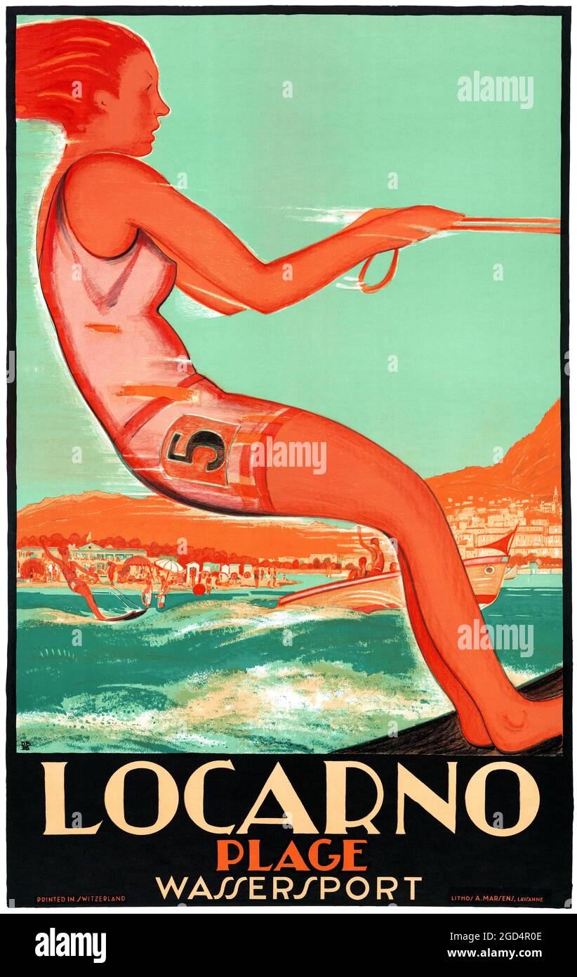 Locarno. Plage Wasserport by Daniele Buzzi (1890-1974). Restored vintage poster published in 1928 in Switzerland. Stock Photo