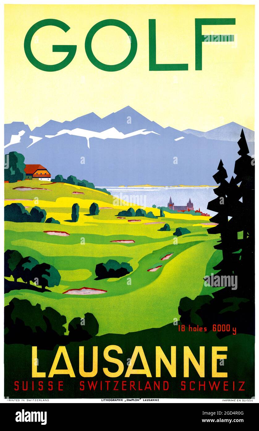 Golf. Lausanne by Jean-Louis Fortuné Bovard (1975-1947). Restored vintage poster published in 1936 in Switzerland. Stock Photo