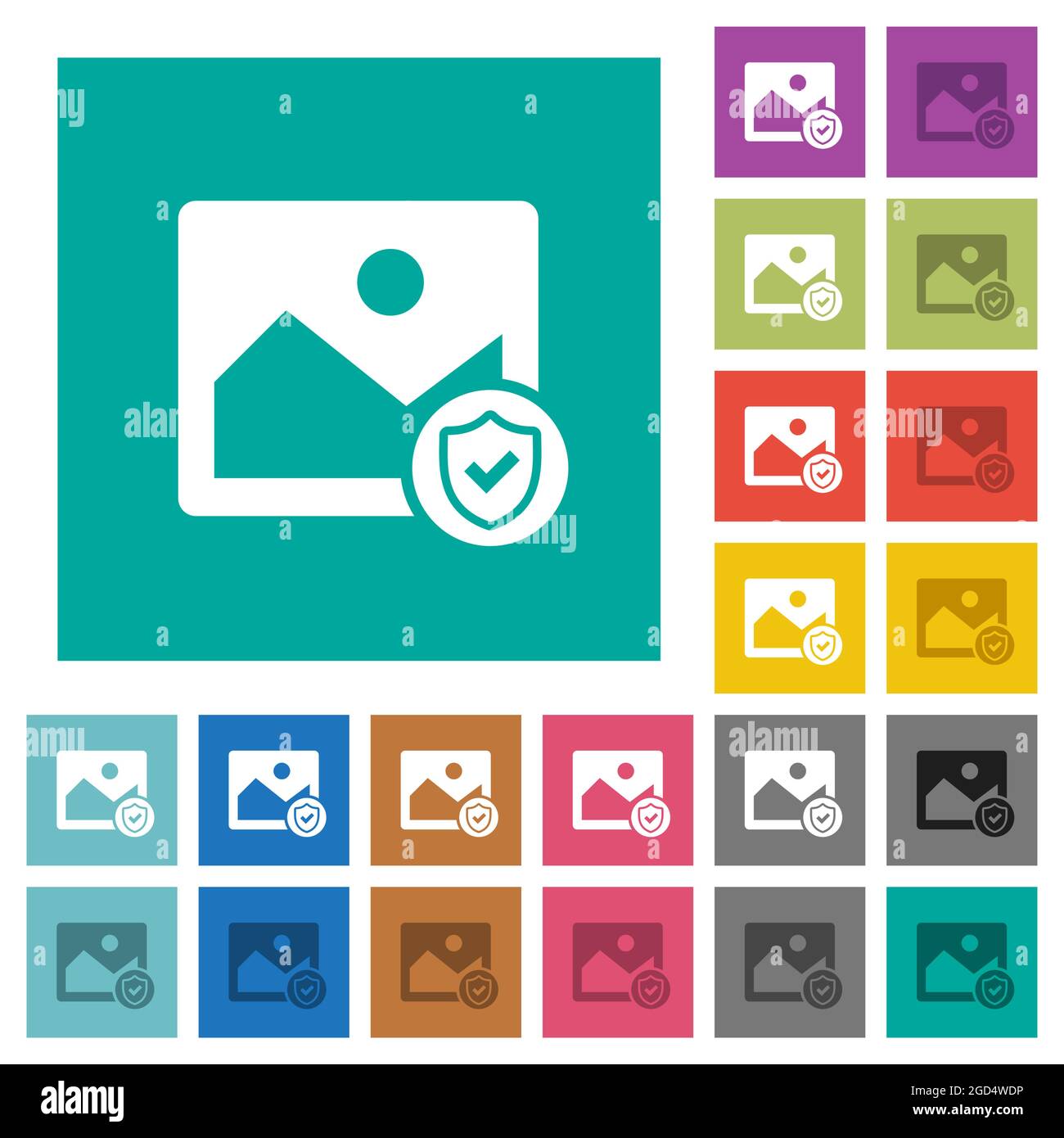 Protected image multi colored flat icons on plain square backgrounds. Included white and darker icon variations for hover or active effects. Stock Vector