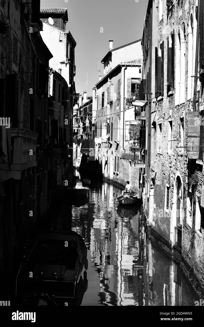 channel view in venice during summer 2020 in black and white Stock Photo