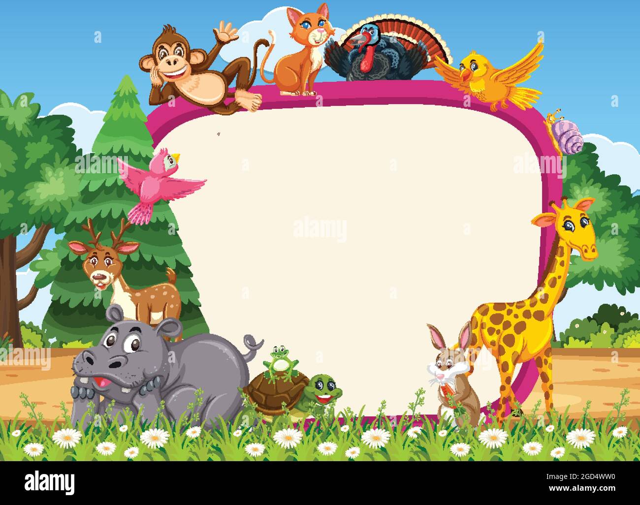 Empty banner with various wild animals in the forest illustration Stock ...