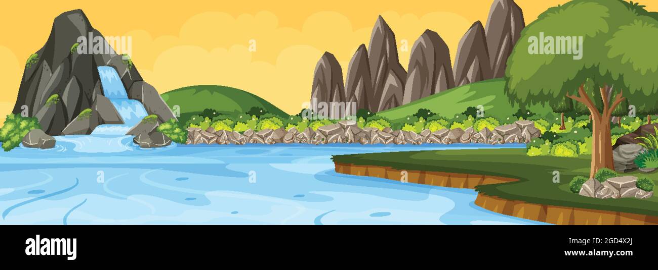 Panorama landscape scene at sunset time with many trees illustration ...