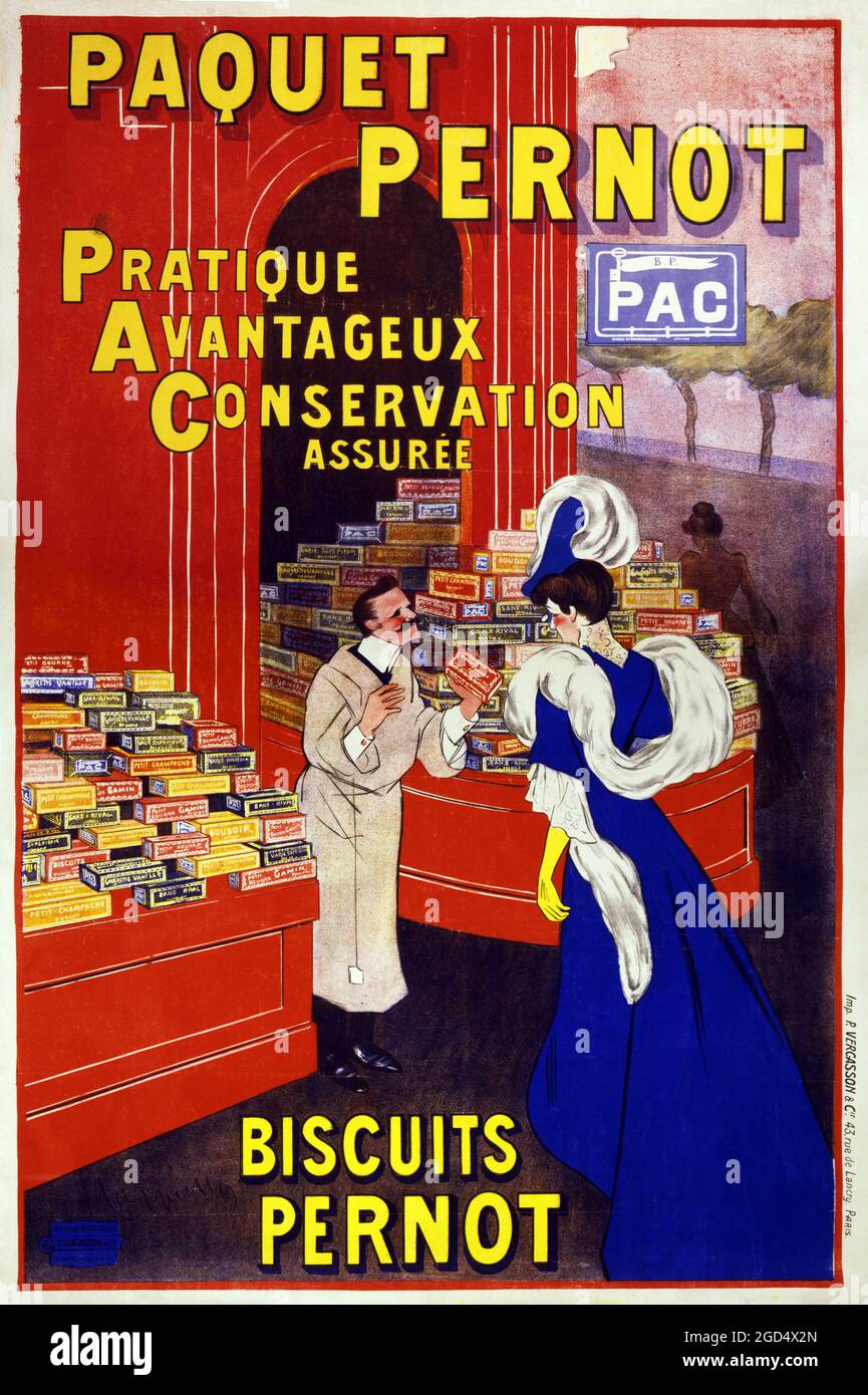 French Poster – Artwork by Leonetto Cappiello. Paquet Pernot, Biscuits Pernot: Pratique, avantageux, conservation assurée. Stock Photo