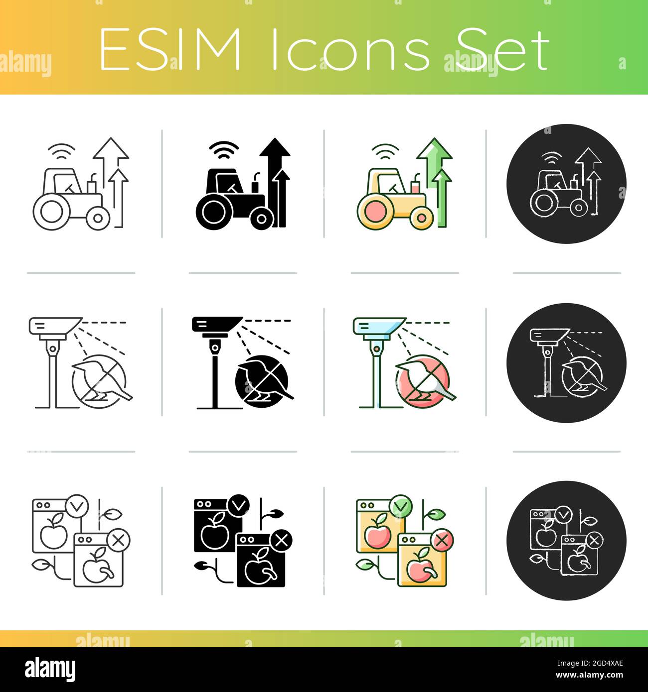 Automated systems in agriculture icons set Stock Vector