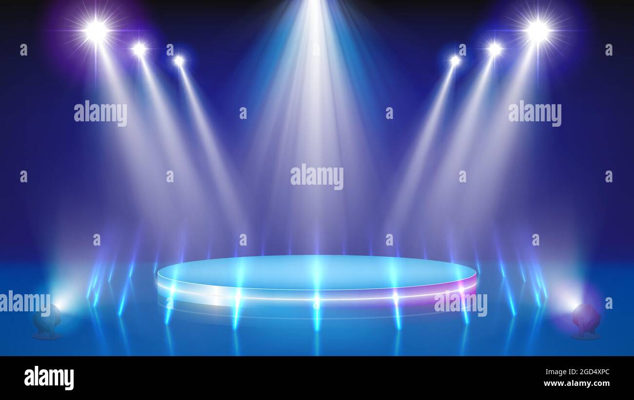Spotlight backdrop. Illuminated blue stage podium. Background for  displaying products. Bright beams of spotlights. Spot of light. Vector  illustration Stock Vector Image & Art - Alamy