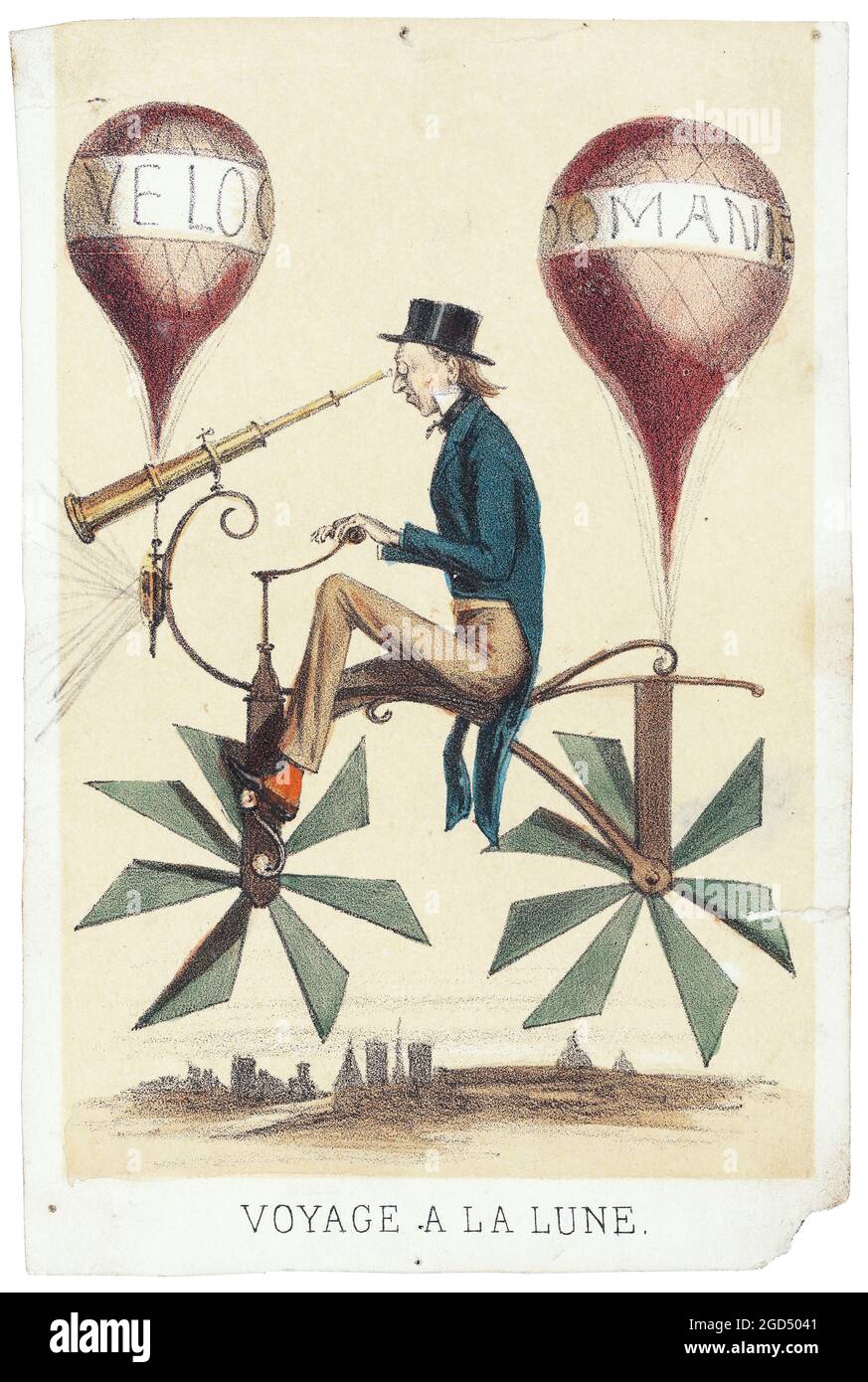 Voyage a la lune - French vintage poster. Bicycle balloon (Aircraft) - 1865. Veloc[ipedes], Cartoon / illustrated. Stock Photo