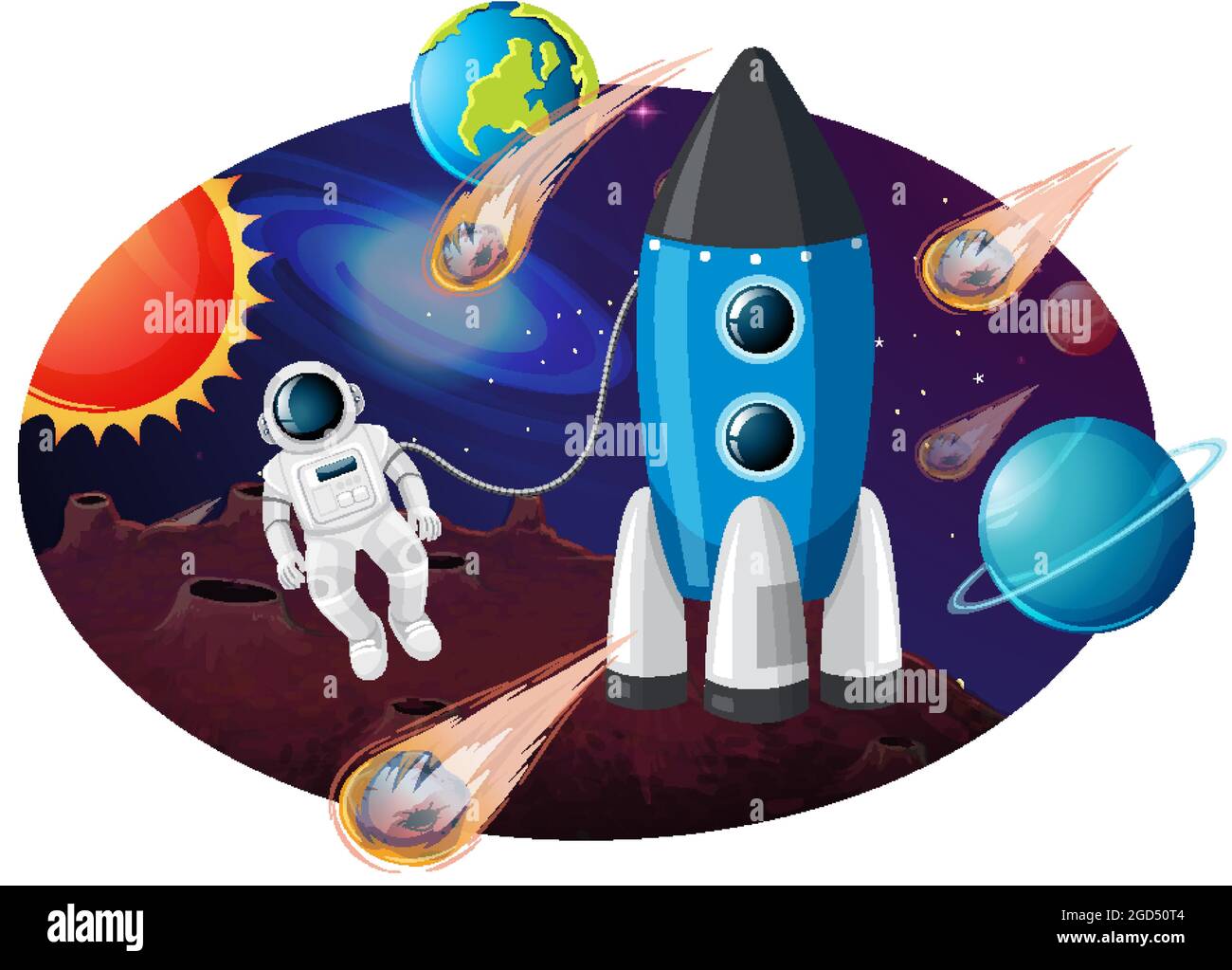 Rocket ship with many planets and asteroids illustration Stock Vector ...