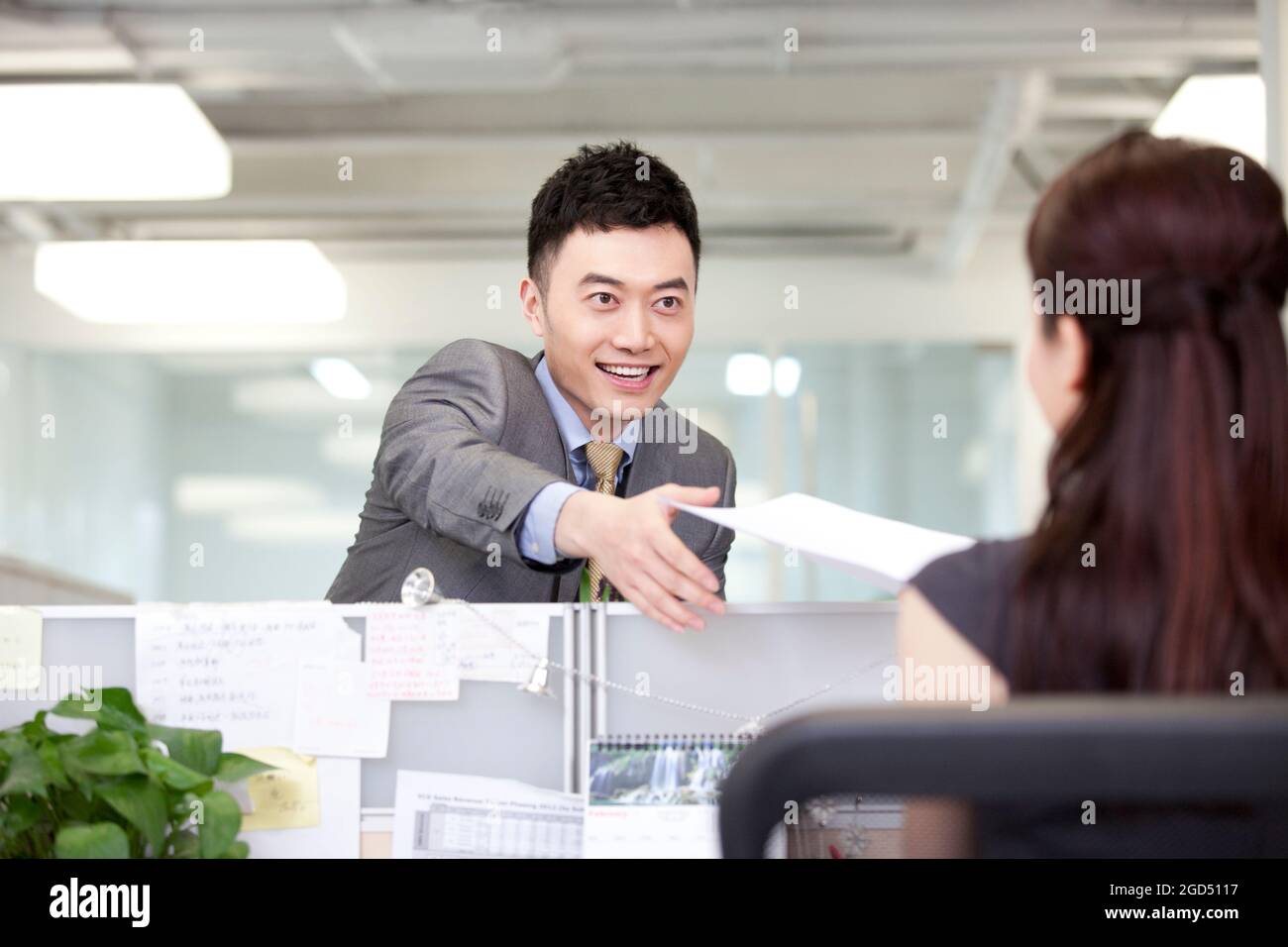 Businesswoman handing over a file to businessman Stock Photo Alamy