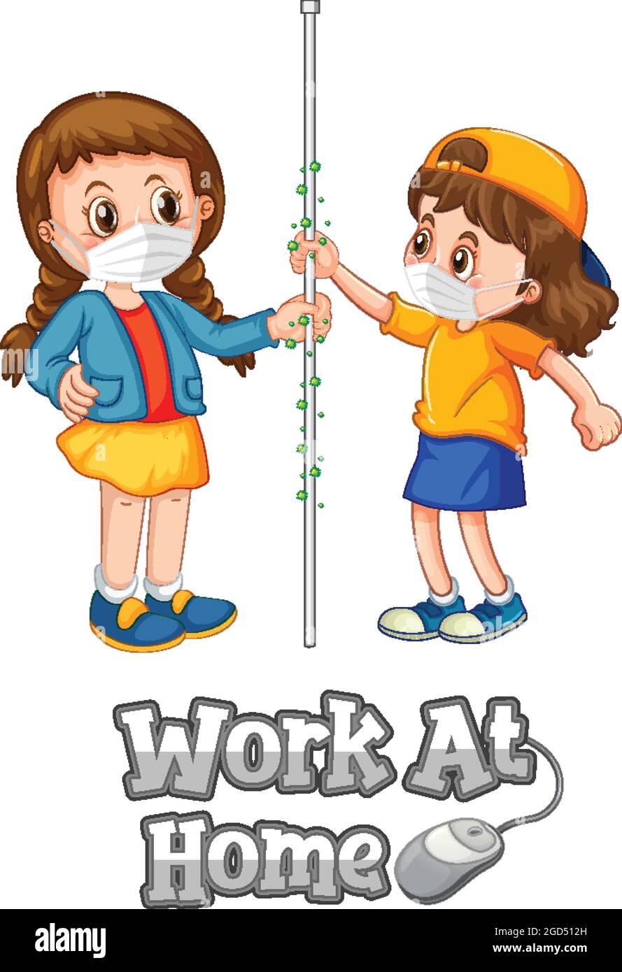 Work At Home font in cartoon style with two kids do not keep social ...