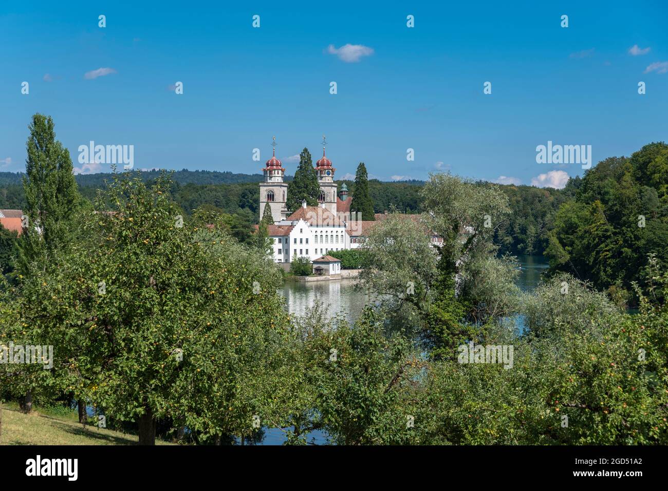 geography / travel, Switzerland, Zurich, Rheinau, landscape with Rhine and monastery island, ADDITIONAL-RIGHTS-CLEARANCE-INFO-NOT-AVAILABLE Stock Photo