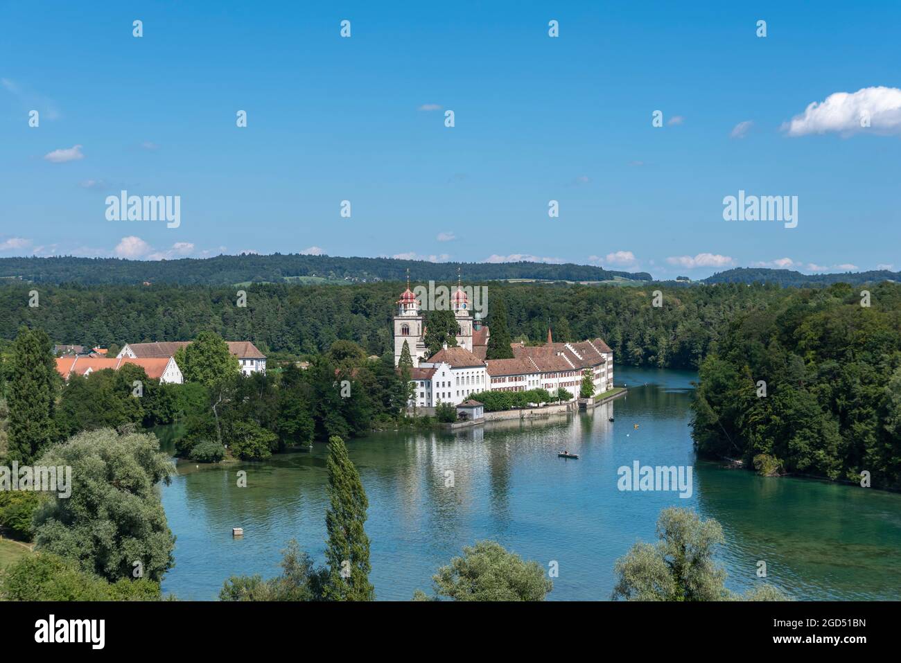 geography / travel, Switzerland, Zurich, Rheinau, landscape with Rhine and monastery island, ADDITIONAL-RIGHTS-CLEARANCE-INFO-NOT-AVAILABLE Stock Photo