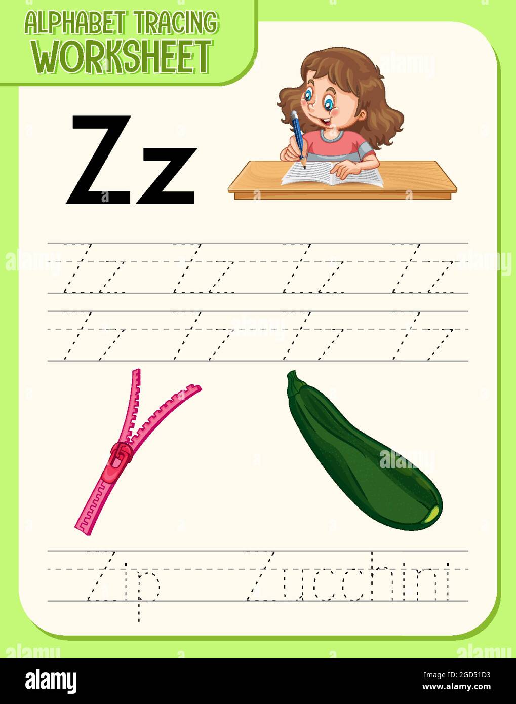 Alphabet tracing worksheet with letter Z and z illustration Stock Vector