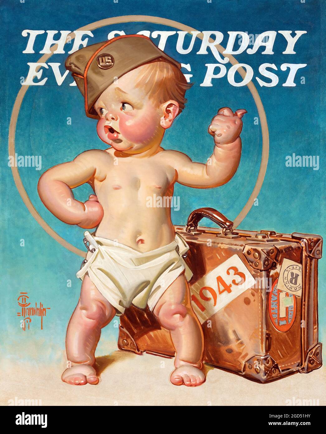 The Saturday Evening Post cover, 1943. Featuring a baby soldier. Joseph Christian Leyendecker illustration that never was released in the magazine. Stock Photo