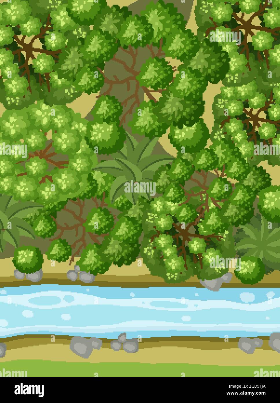 Aerial view with river through the forest landscape illustration Stock ...