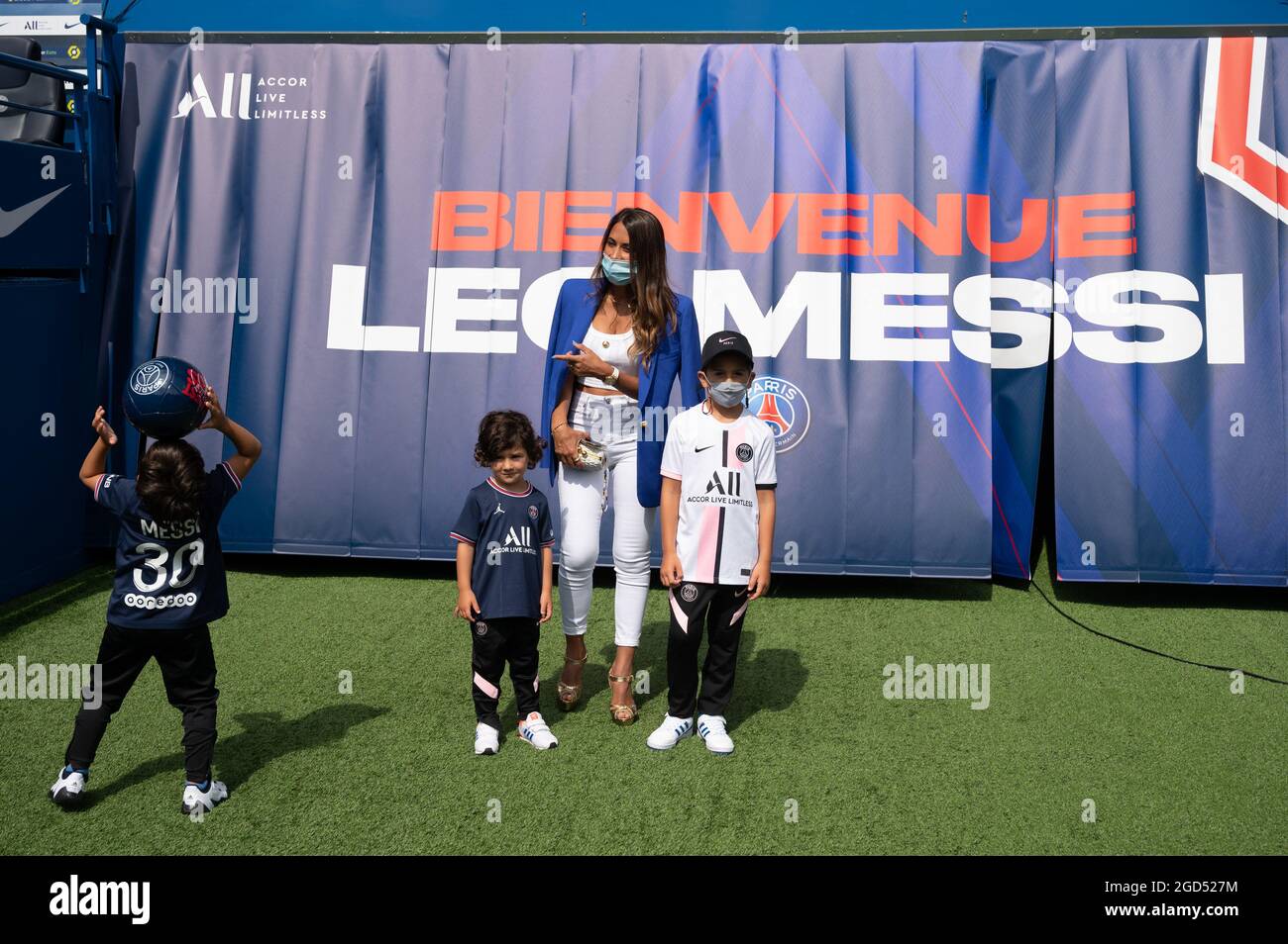Lionel Messi's wife Antonella Roccuzzo and their children during a press  conference at the French football club Paris Saint-Germain's (PSG) Parc des  Princes stadium in Paris on August 11, 2021. The 34-year-old