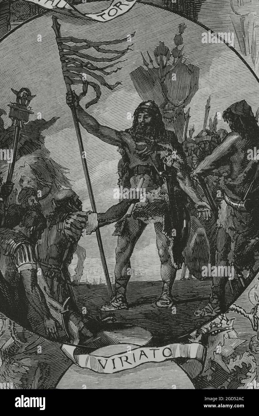 Viriato or Viriathus (d. 139 BC). Leader of the Lusitanian tribe that fought against the expansion of the Roman Empire in Hispania. Drawing by the author, Ramón Padró. Decorative paintings in the assembly hall of the Palace of the Provincial Deputation of Zamora. Engraving. La Ilustración Española y Americana, 1882. Stock Photo