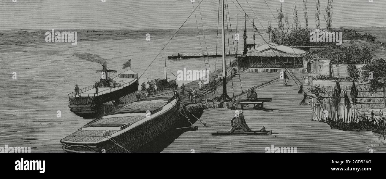 Events in Egypt (intervention of the British army in the country). Suez Canal. Drawing by E. Alvarez Dumont. Engraving by Rico. La Ilustración Española y Americana, 1882. Stock Photo