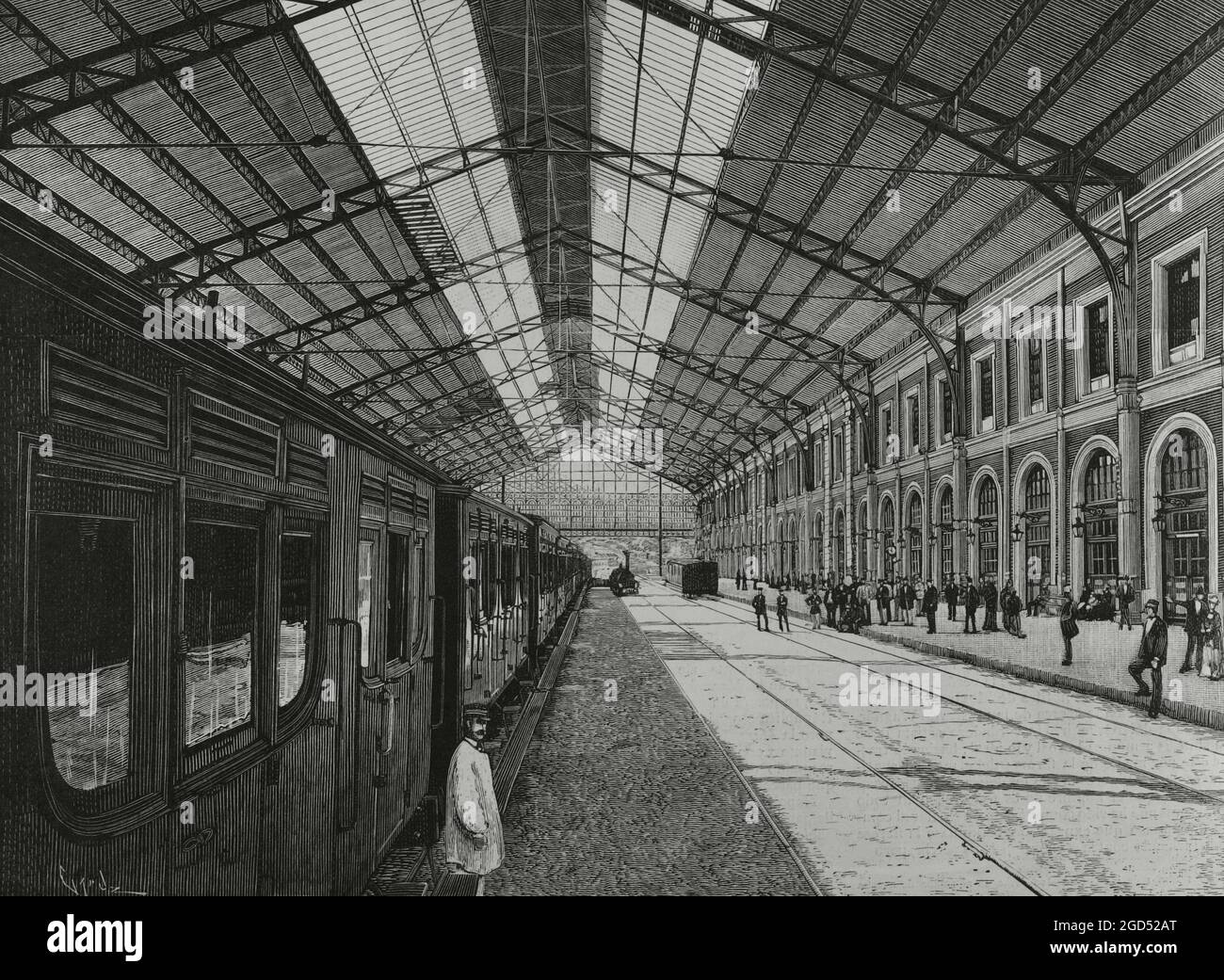 Spain, Madrid. New North Railway Station (North Station). The definitive station was inaugurated in 1882, with a part destined to the passengers. Platform. Engraving by Tomás Carlos Capuz. La Ilustración Española y Americana, 1882. Stock Photo