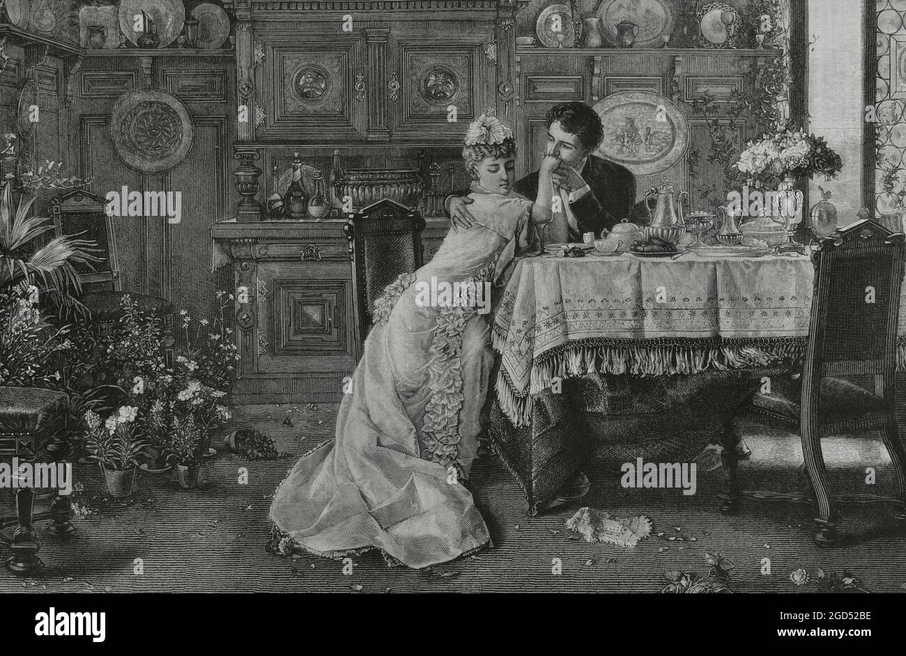 'Honeymoon'. Engraving after a painting by Knut Ekwall (1843-1912). La Ilustración Española y Americana, 1882. Stock Photo