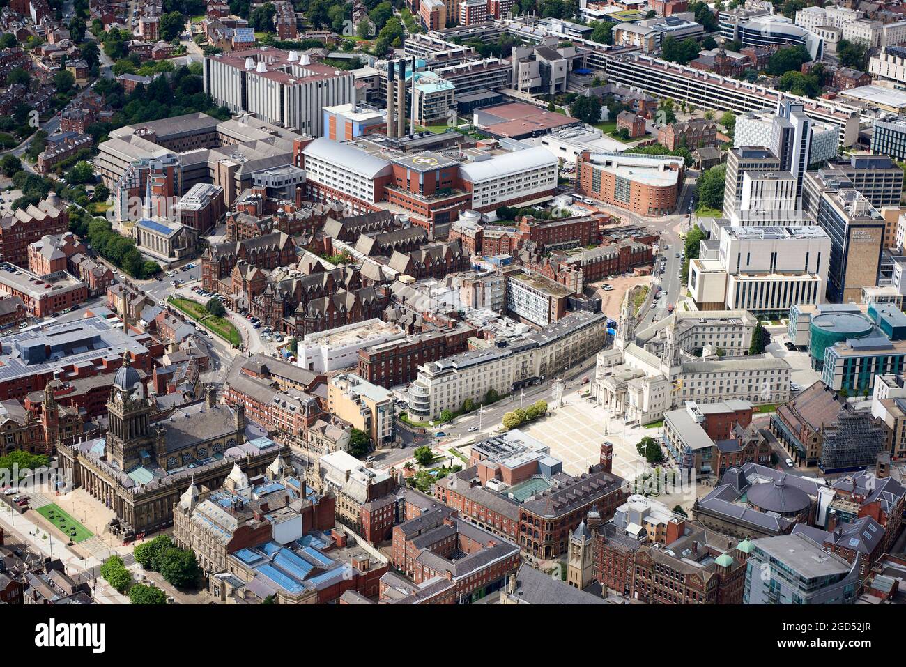 An aerial view of Leeds City Centre with the town hall, law courts and civic hall, , West Yorkshire, northern England, UK Stock Photo