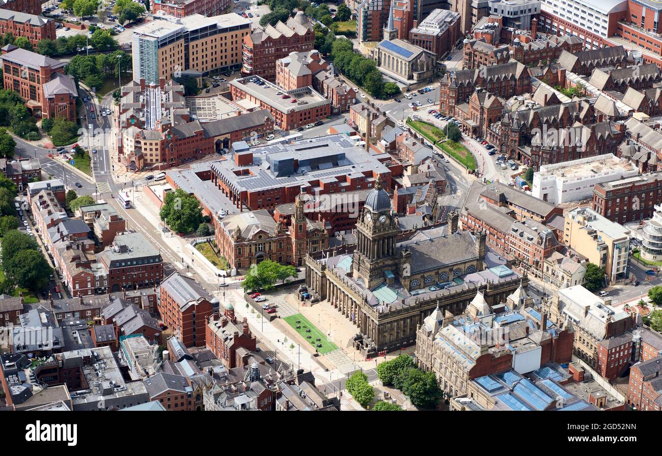 An aerial view of Leeds City Centre with the town hall, law courts and civic hall, , West Yorkshire, northern England, UK Stock Photo