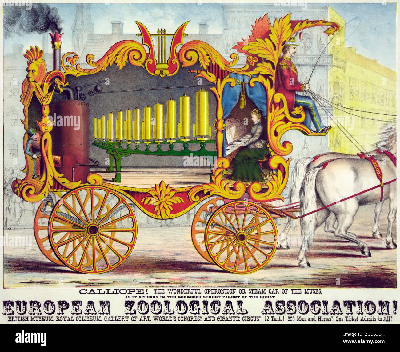 Vintage Circus poster - Calliope, the wonderful operonicon or steam car of the muses, advertising poster, 1874. EUROPEAN ZOOLOGICAL ASSOCIATION! Stock Photo