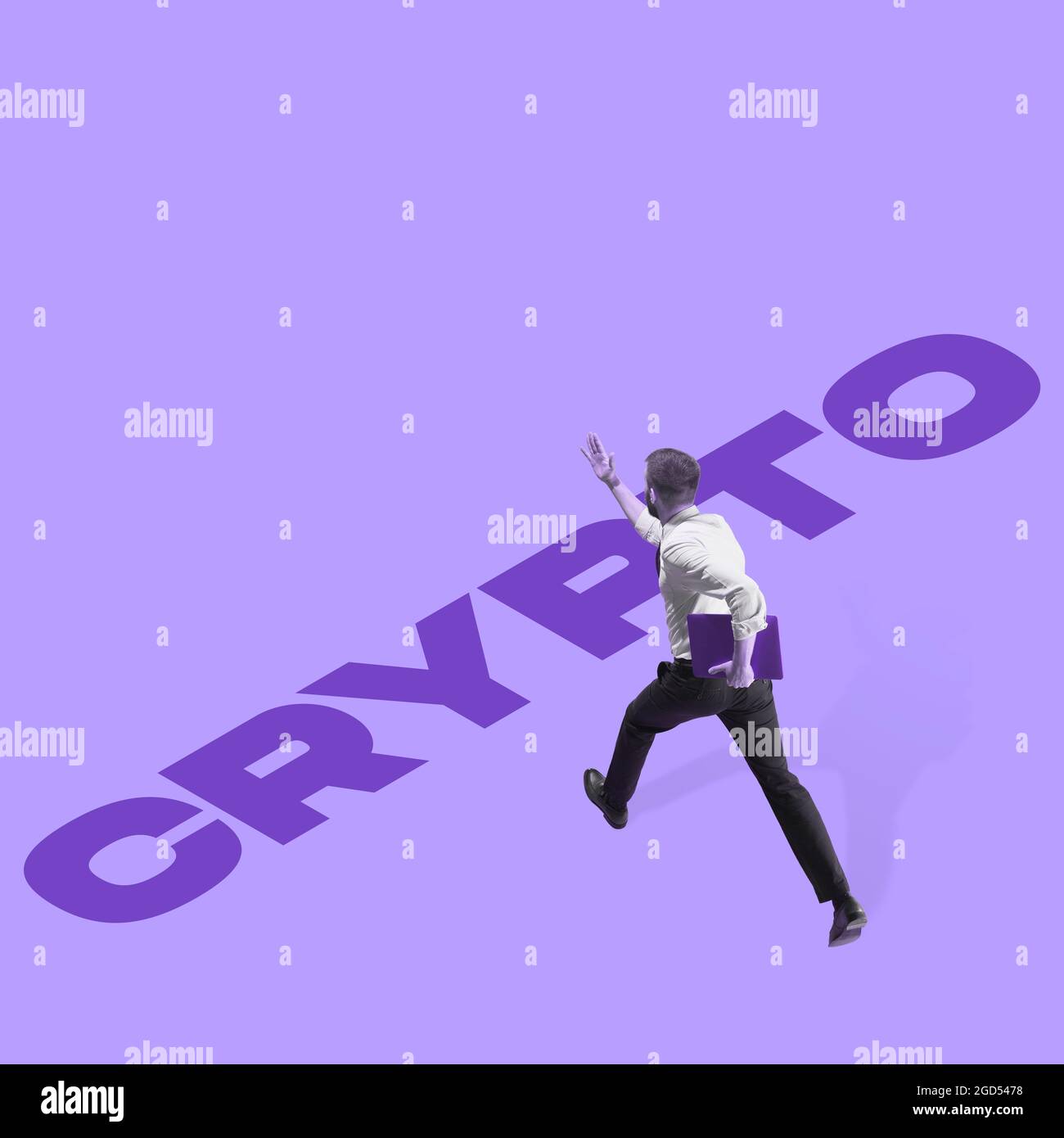 Art collage with busy businessman with folder running through the lettering  crypto over purple background Stock Photo - Alamy