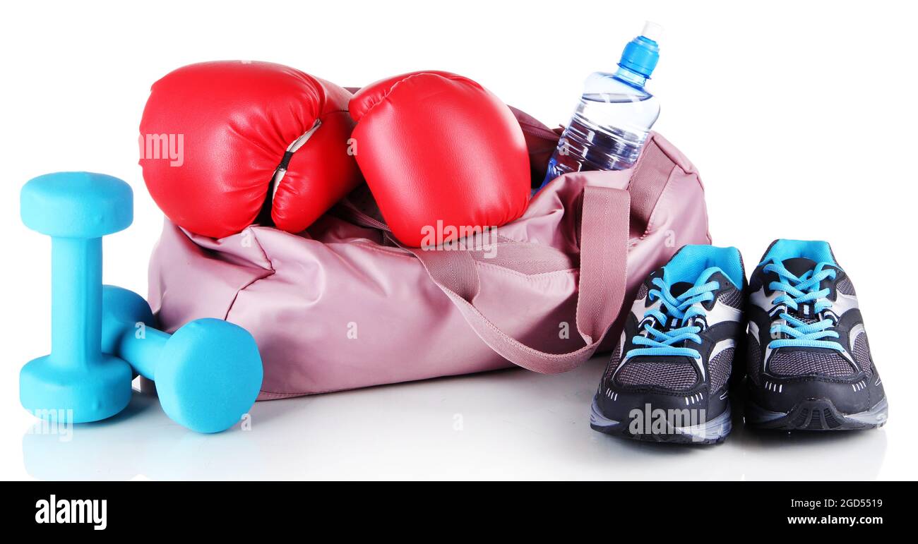 Sports bag with sports equipment isolated on white Stock Photo - Alamy