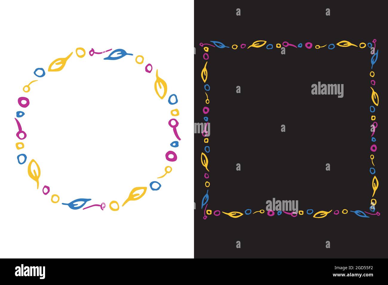 Doodle ink brush stroke line circle, square Frames. Hand drawn colored artistic elements. White, black easy editable background. Vector Stock Vector