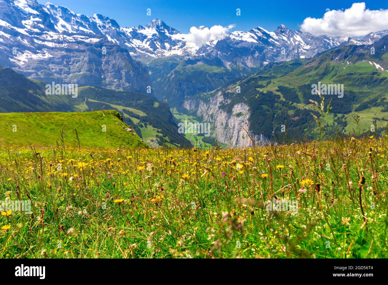 Scenic aerial view of the Swiss Alps on a sunny day. Mannlichen Stock ...