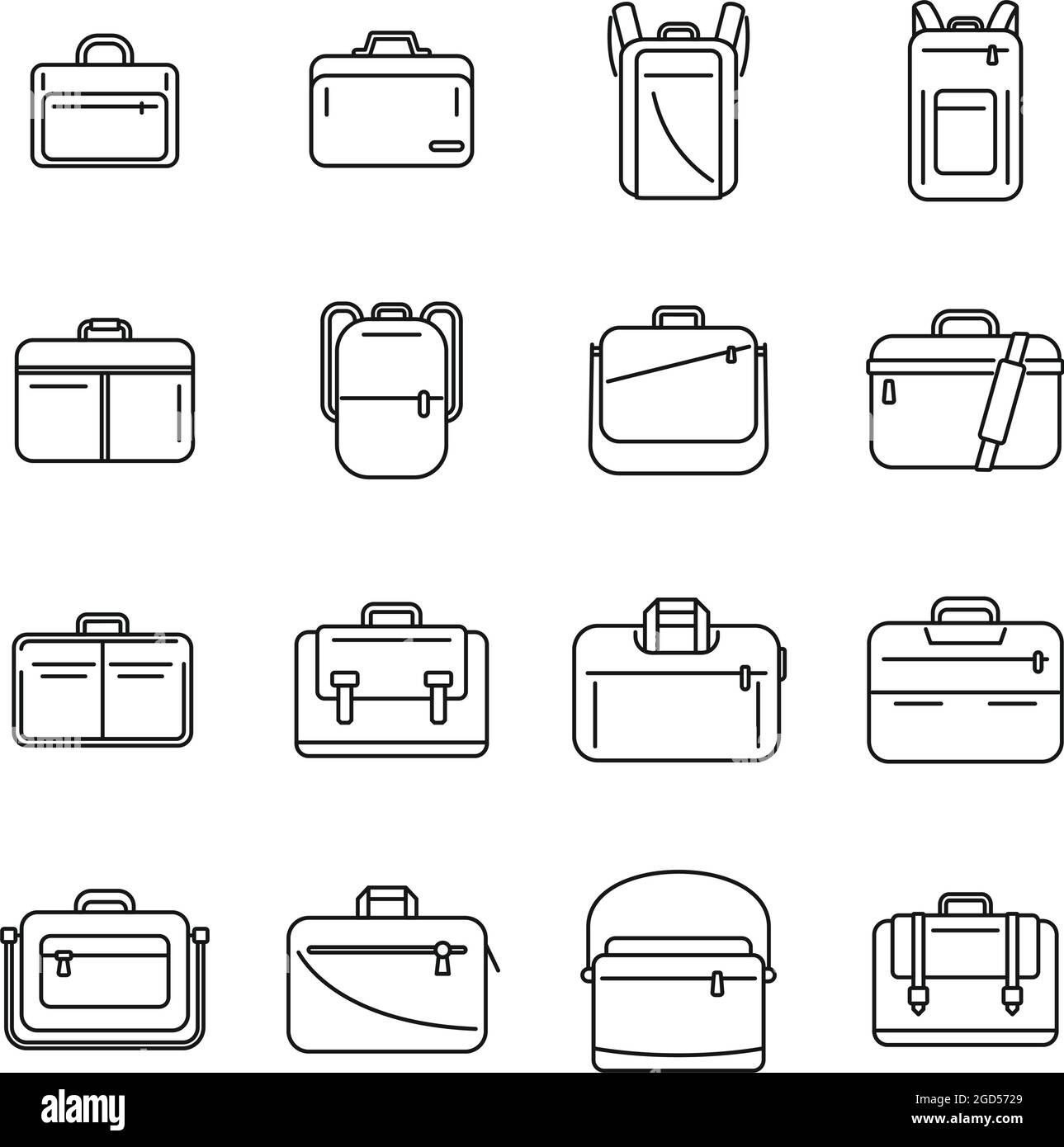 Laptop bag icons set outline vector. Computer case. Shoulder luggage