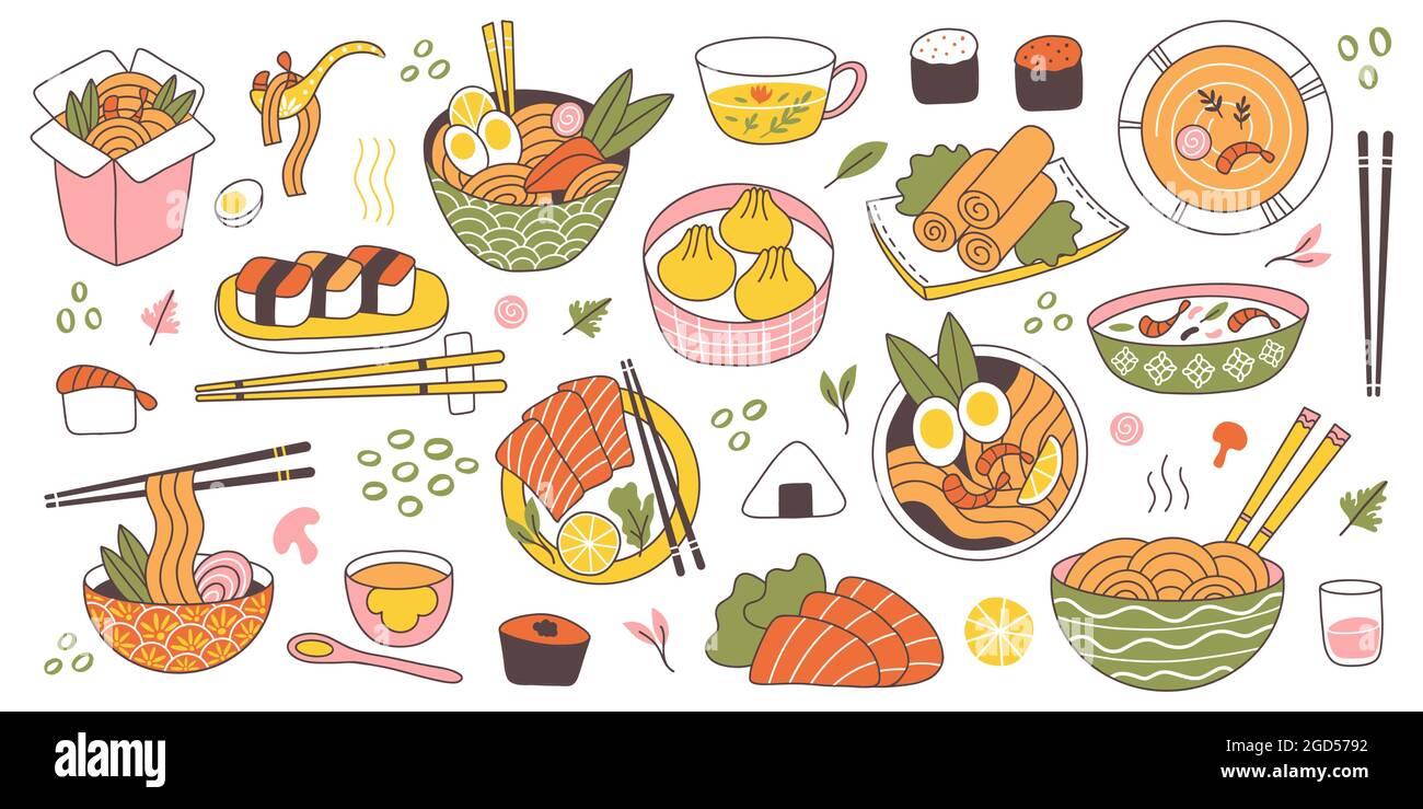 Set delicious and famous food asia Royalty Free Vector Image