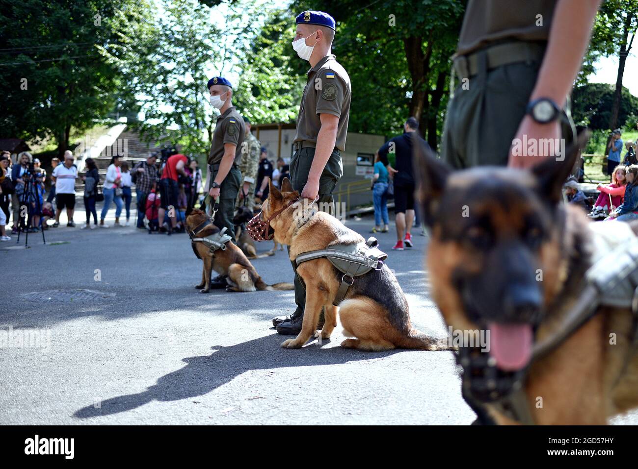 LVIV, UKRAINE - AUGUST 8 2021 - Soldiers and dogs line up during the parade of military dogs in the Bohdan Khmelnytskyi Park of Culture, Lviv, western Stock Photo