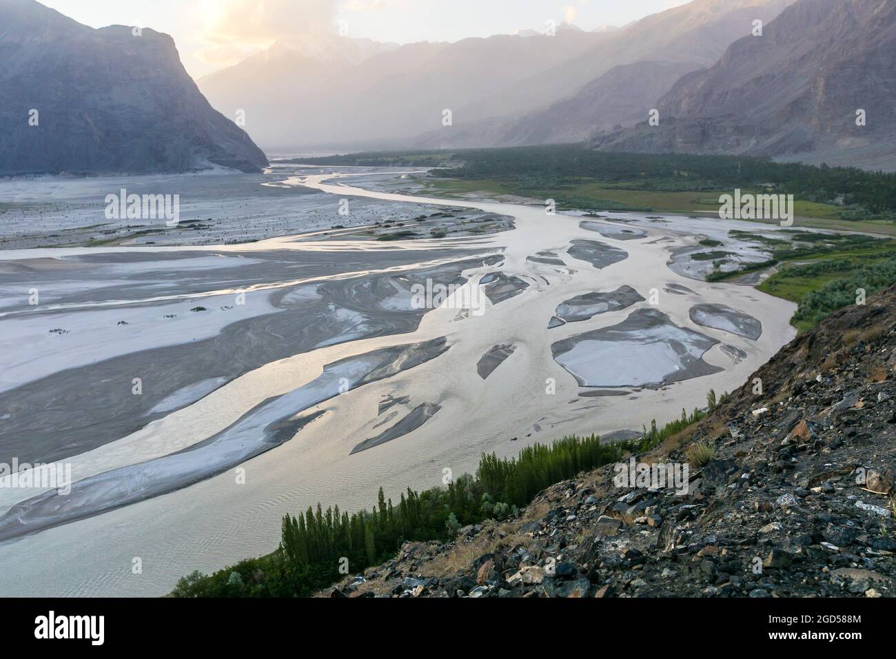 Wide river delta in mountains  Stock Photo