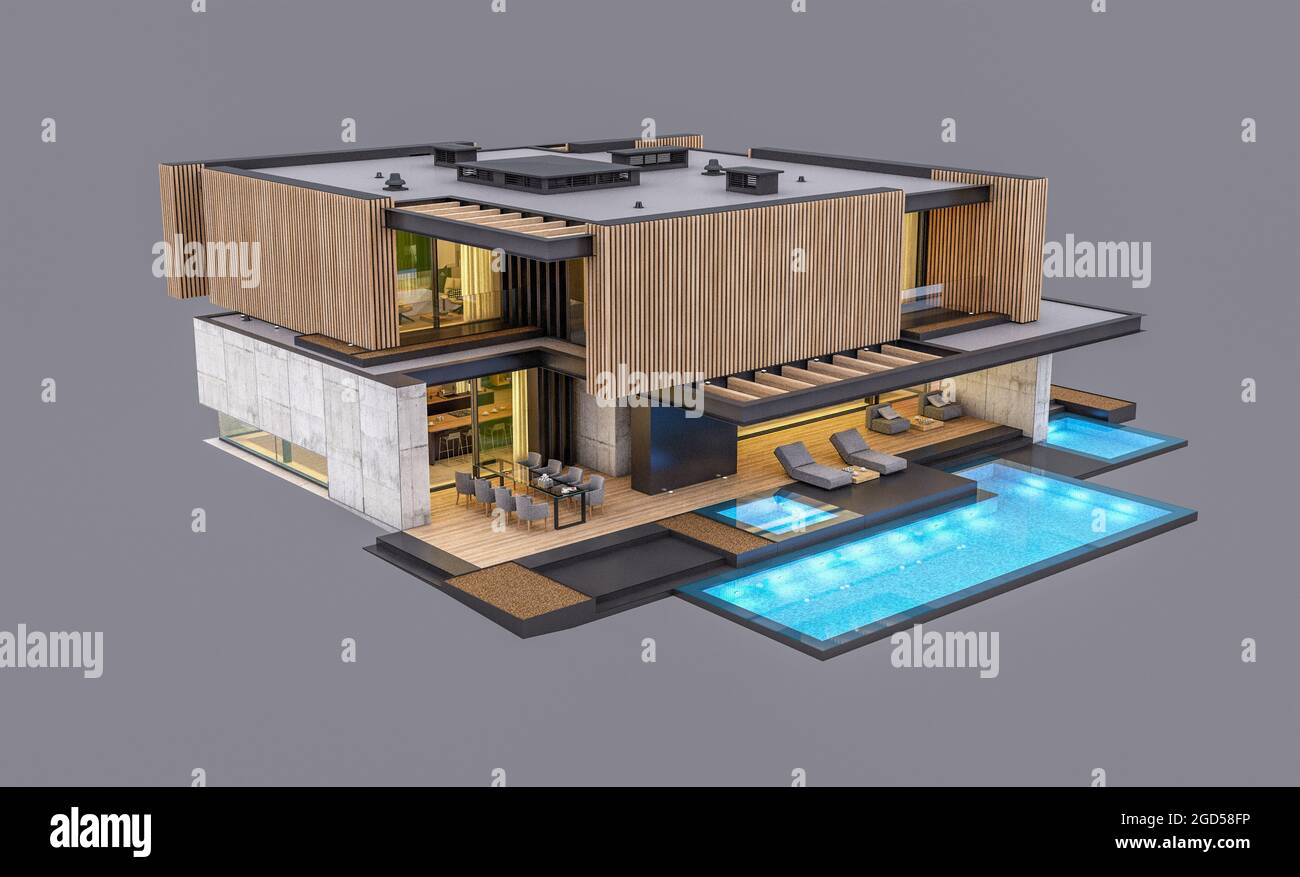 3d rendering of modern cozy house with parking and pool for sale or ...