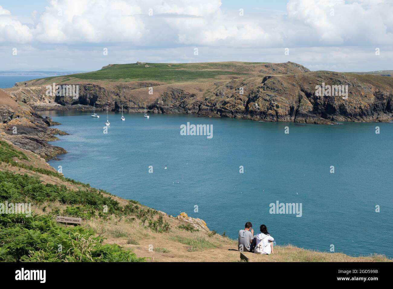 A view of Skomer Island, run by the Wildlife Trust of South and West Wales, home to puffins and many other birds and wildlife. Stock Photo