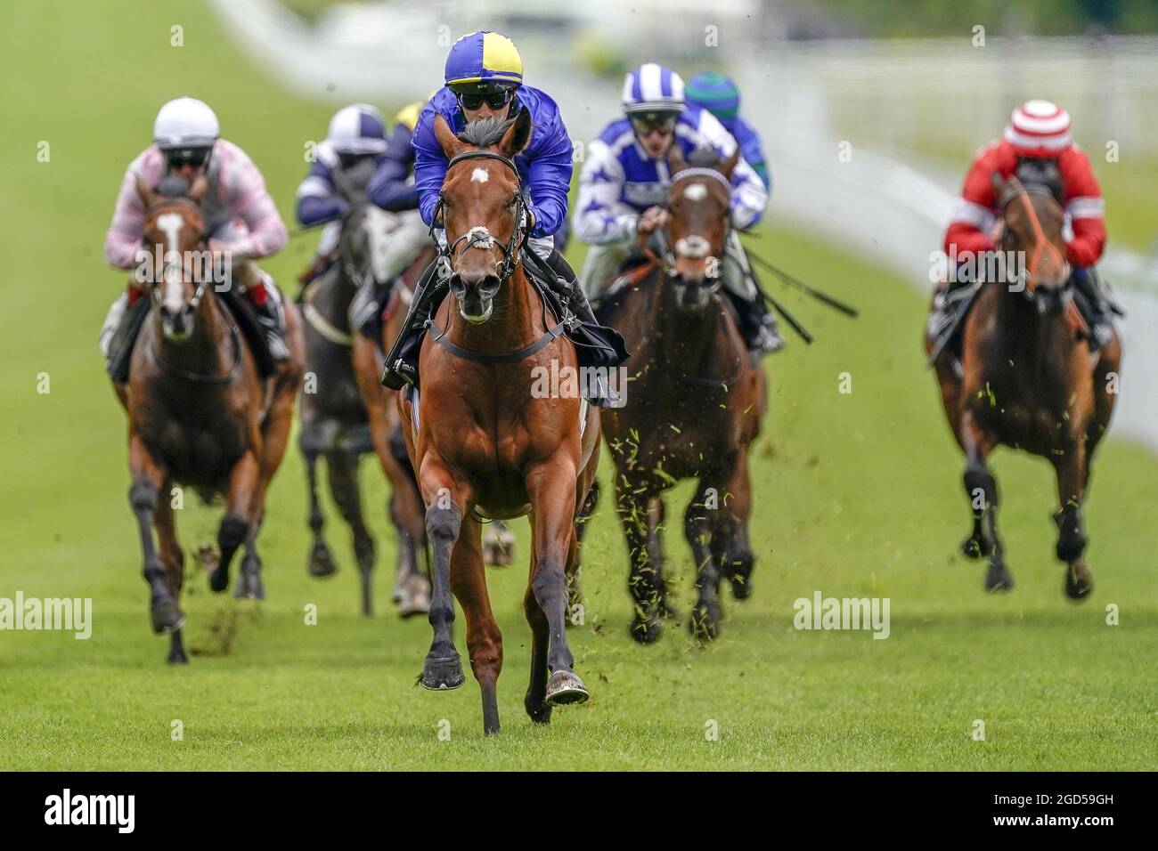 File photo dated 22-05-2021 of Silvestre De Sousa riding Flotus (centre, blue/yellow) wins The MansionBet Bet 10 Get 20 EBF Maiden Fillies' Stakes at Goodwood racecourse in Chichester. Issue date: Wednesday August 11, 2021. Stock Photo