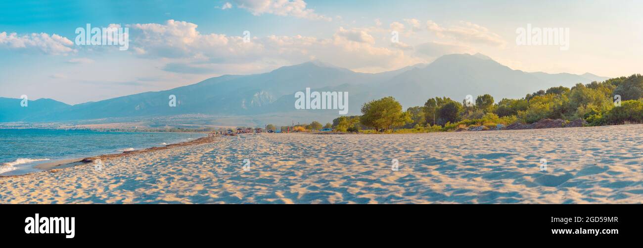 Panoramic view of beach and mount Olympus in Greece Stock Photo