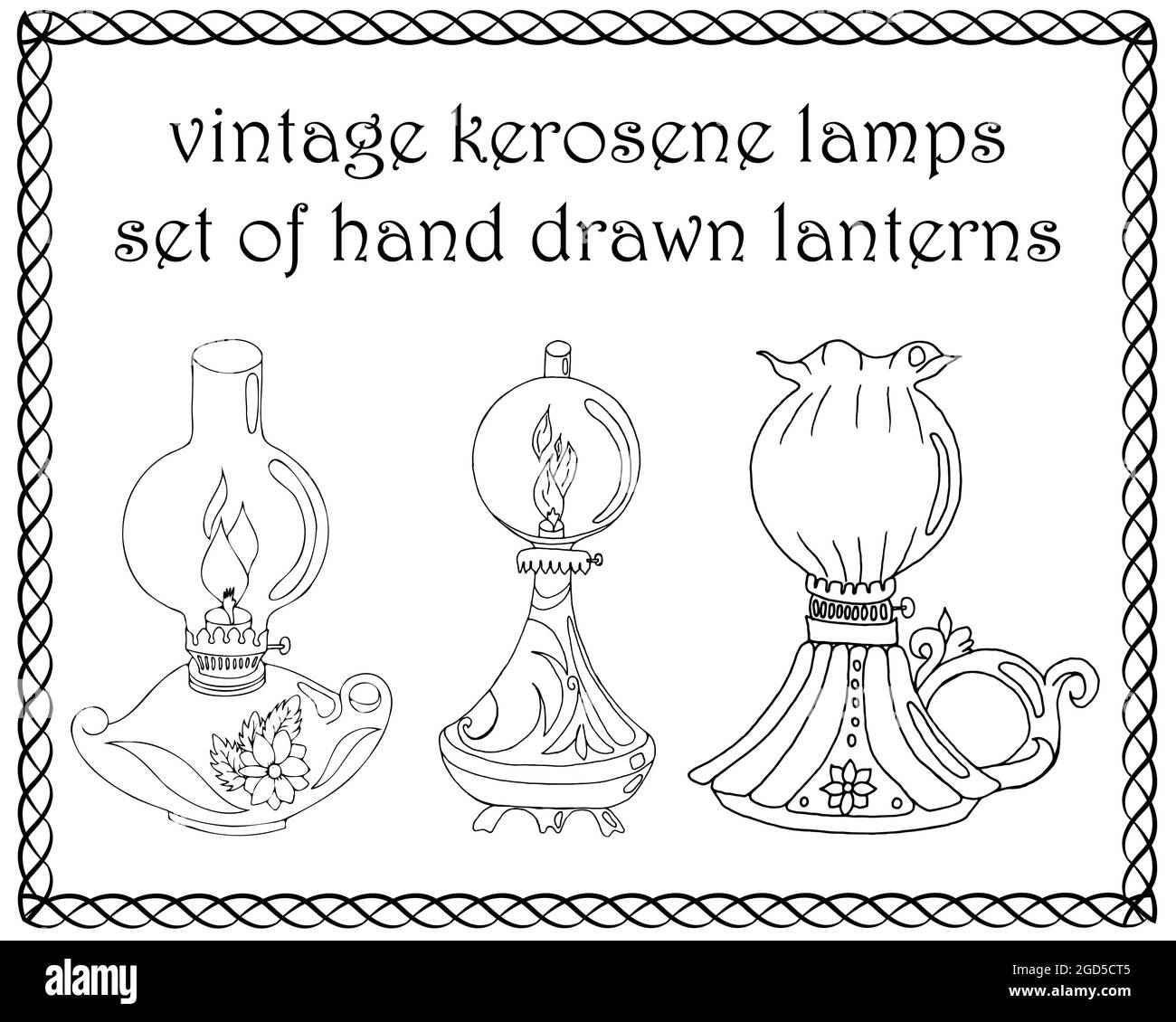 Set of vintage kerosene lamps, hand drawn lanterns Stock Vector