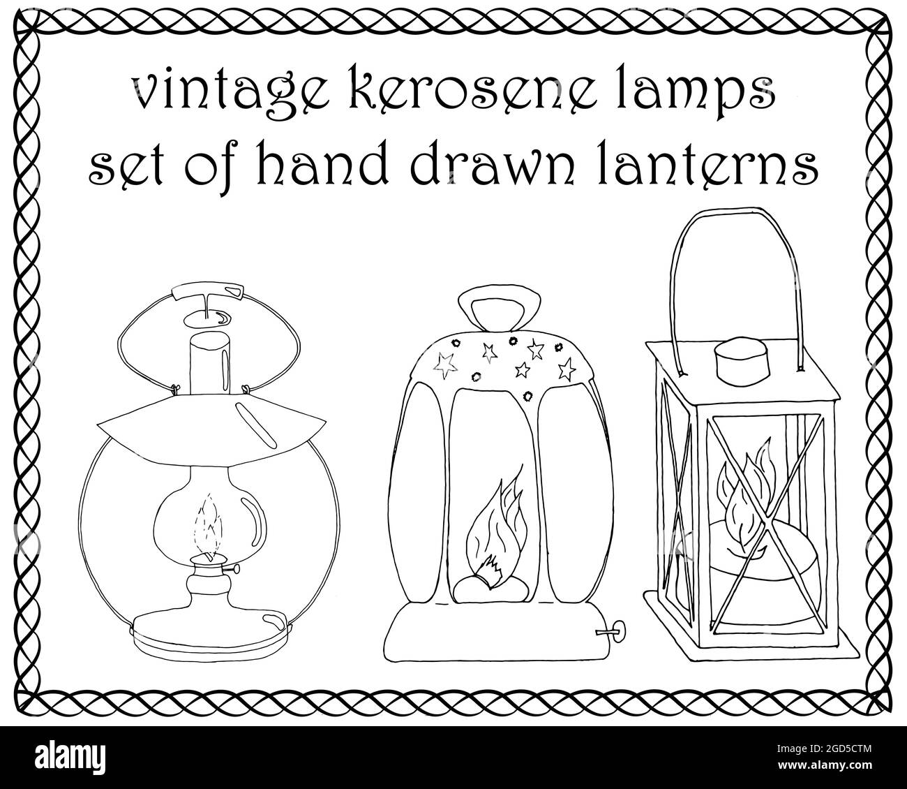 Set of vintage kerosene lamps, hand drawn lanterns Stock Vector