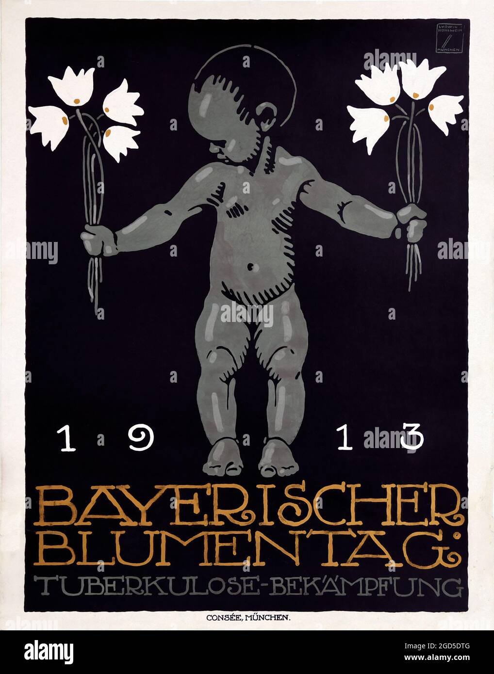 Vintage poster art - retro – BAYERISCHER BLUMENTAG, (Flower day). 1913. Ludwig Hohlwein artwork. Stock Photo