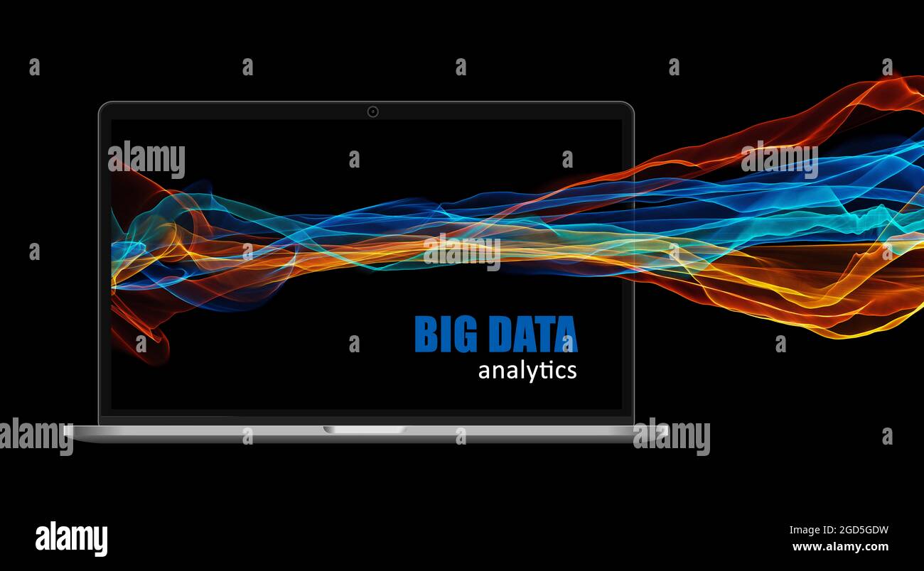Science network pattern, connecting lines. Big Data Visualizatio. computer laptop with big data digital design flames. Business and technology concept Stock Photo