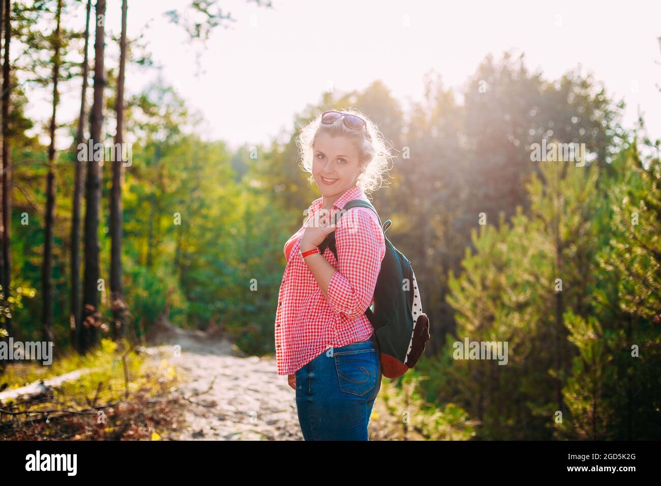 Beautiful Plus Size Young Woman In Shirt Posing In Summer Forest Stock Photo
