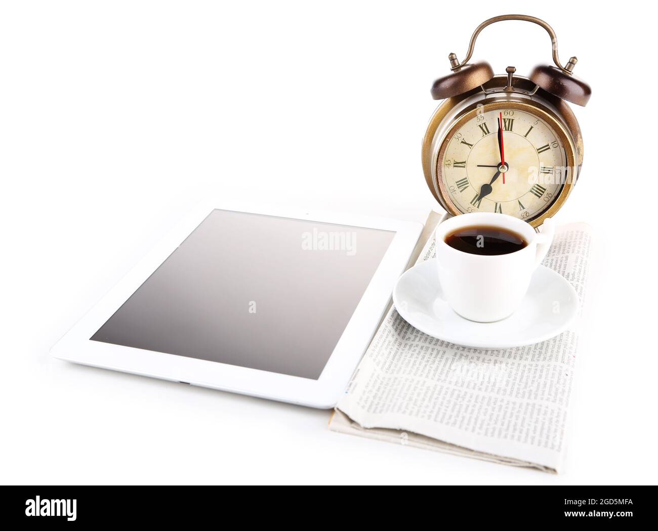Tablet, newspaper, cup of coffee and alarm clock, isolated on white