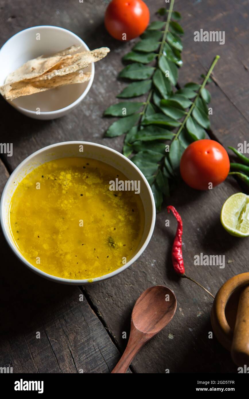 Yellow dal or lentil soup in a bowl. Stock Photo