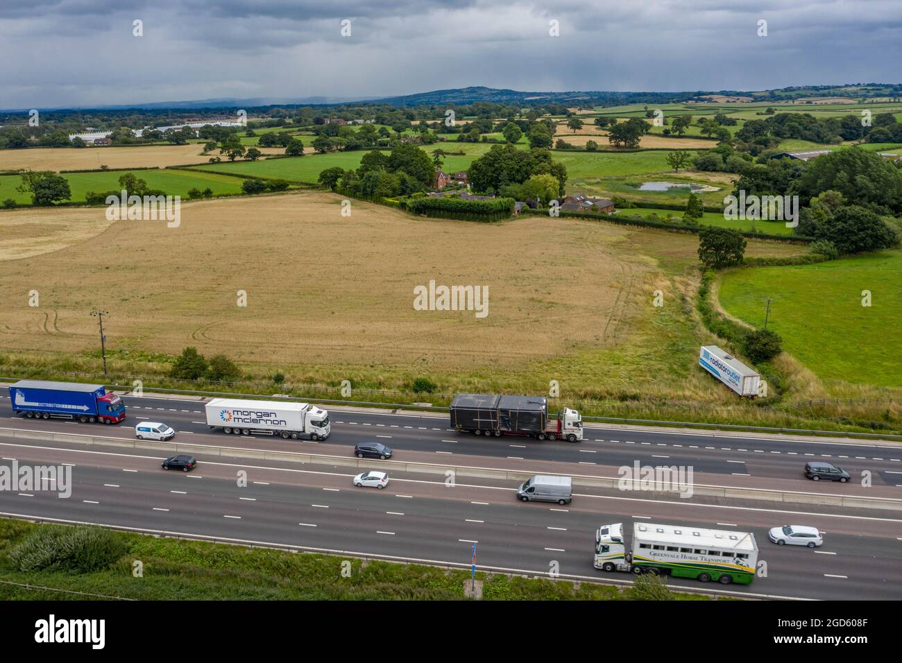 Aerial Drone View M6 Motorway at the Junction 16 The A500 Stoke On Trent Stock Photo