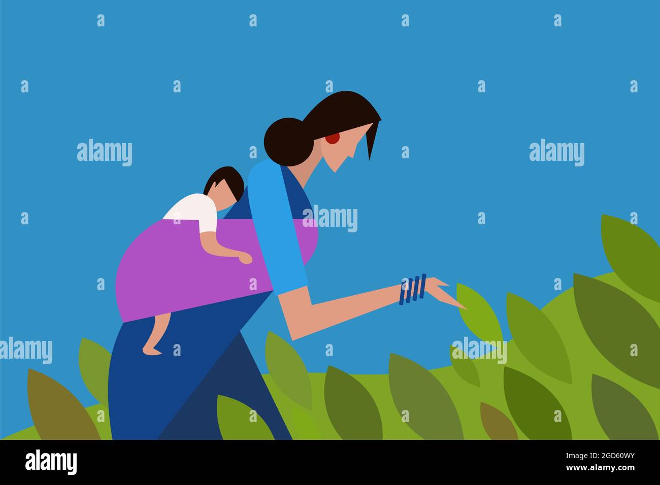 A woman carrying a baby on her back working in a farm Stock Vector